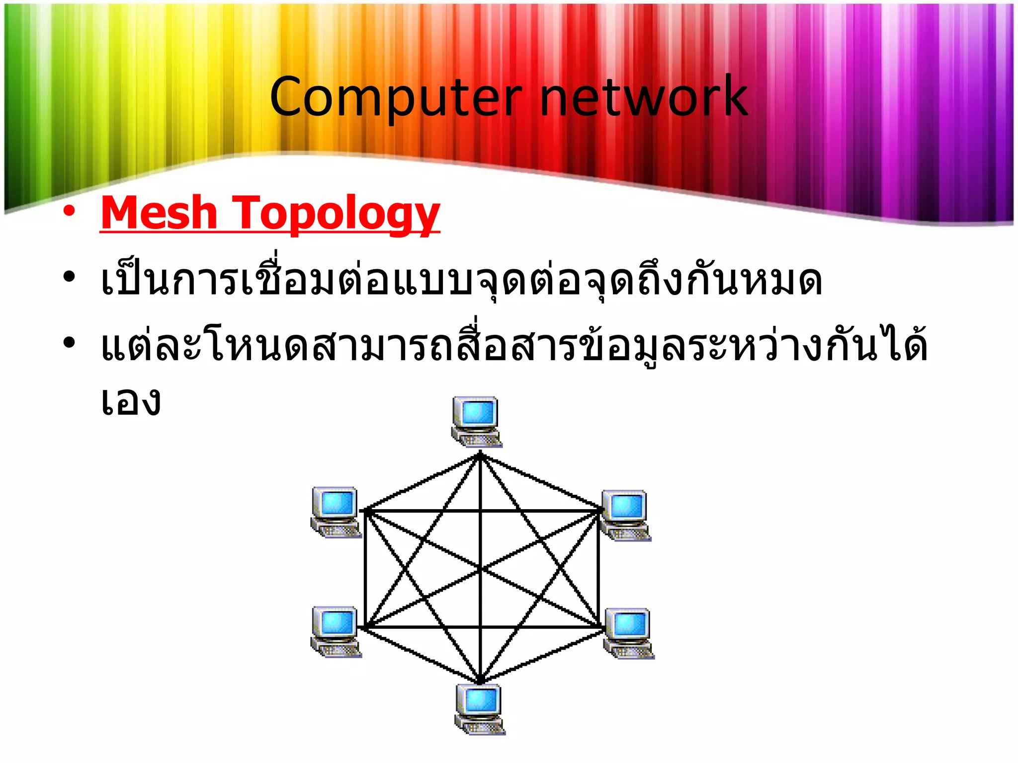 Computer network Mesh Topology เป็นการเชื่อมต่อแบบจุดต่อจุดถึงกันหมด แต่ละโหนดสามารถสื่อสารข้อมูลระหว่างกันได้เอง 