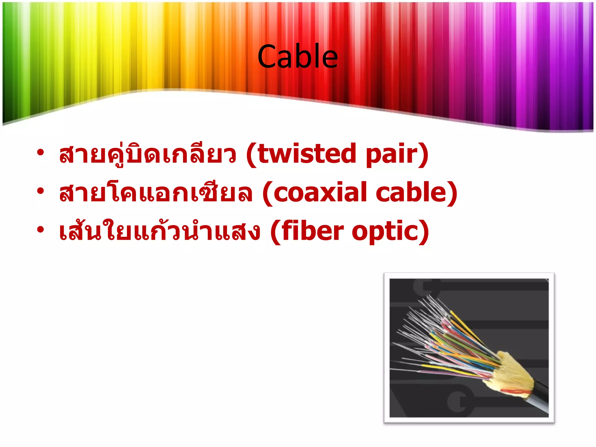 Cable สายคู่บิดเกลียว  ( twisted pair)  สายโคแอกเซียล  ( coaxial cable) เส้นใยแก้วนำแสง  ( fiber optic) 