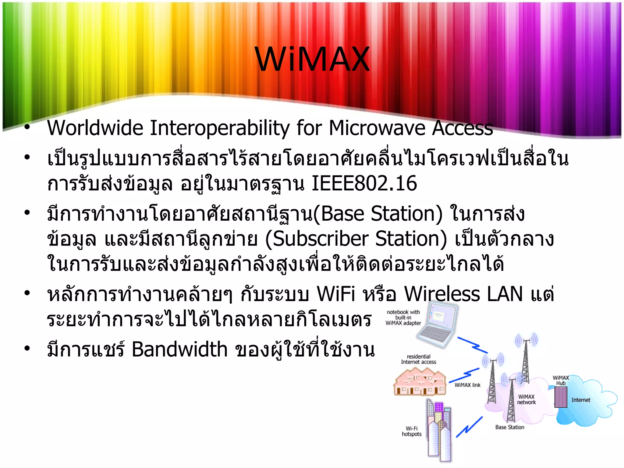 WiMAX Worldwide Interoperability for Microwave Access เป็นรูปแบบการสื่อสารไร้สายโดยอาศัยคลื่นไมโครเวฟเป็นสื่อในการรับส่งข้อมูล อยู่ในมาตรฐาน   IEEE802.16 มีการทำงานโดยอาศัยสถานีฐาน ( Base Station )  ในการส่งข้อมูล และมีสถานีลูกข่าย  ( Subscriber Station )  เป็นตัวกลางในการรับและส่งข้อมูลกำลังสูงเพื่อให้ติดต่อระยะไกลได้ หลักการทำงานคล้ายๆ กับระบบ  WiFi   หรือ  Wireless LAN   แต่ระยะทำการจะไปได้ไกลหลายกิโลเมตร  มีการแชร์   Bandwidth  ของผู้ใช้ที่ใช้งาน 