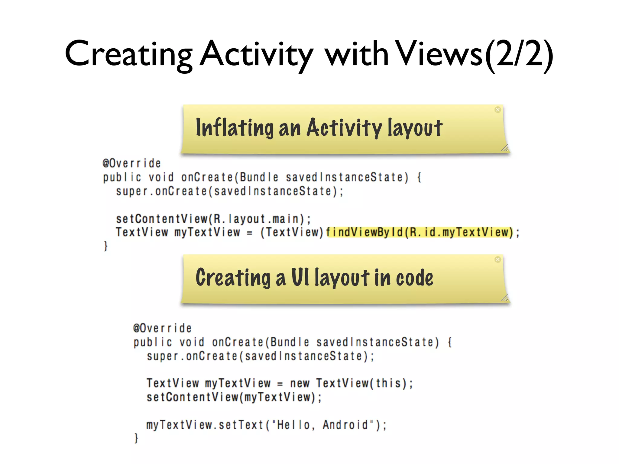 Creating Activity with Views(2/2) Inflating an Activity layout Creating a UI layout in code 