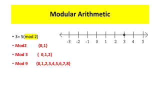 Modular Arithmetic
• 3= 5(mod 2)
• Mod2 {0,1}
• Mod 3 { 0,1,2}
• Mod 9 {0,1,2,3,4,5,6,7,8}
 