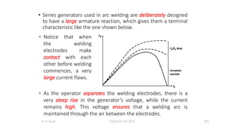 • Series generators used in arc welding are deliberately designed
to have a large armature reaction, which gives them a terminal
characteristic like the one shown below.
H. A. Suud ECEg4221 Fall 2015 105
 Notice that when
the welding
electrodes make
contact with each
other before welding
commences, a very
large current flows.
 As the operator separates the welding electrodes, there is a
very steep rise in the generator’s voltage, while the current
remains high. This voltage ensures that a welding arc is
maintained through the air between the electrodes.
 