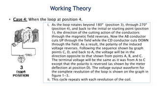 Working Theory
• Case 4: When the loop at position 4.
i. As the loop rotates beyond 180º (position 3), through 270º
(position 4), and back to the initial or starting point (position
1), the direction of the cutting action of the conductors
through the magnetic field reverses. Now the AB conductor
cuts UP through the field while the CD conductor cuts DOWN
through the field. As a result, the polarity of the induced
voltage reverses. Following the sequence shown by graph
points C, D, and back to A, the voltage will be in the
direction opposite to that shown from points A, B, and C.
The terminal voltage will be the same as it was from A to C
except that the polarity is reversed (as shown by the meter
deflection at position D). The voltage output waveform for
the complete revolution of the loop is shown on the graph in
figure 1-3.
ii. This cycle repeats with each revolution of the coil.
 