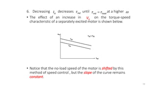 6. Decreasing decreases until at a higher
• The effect of an increase in on the torque-speed
characteristic of a separately excited motor is shown below.
• Notice that the no-load speed of the motor is shifted by this
method of speed control , but the slope of the curve remains
constant.
58

A
V
A
I ind load
 

ind

 