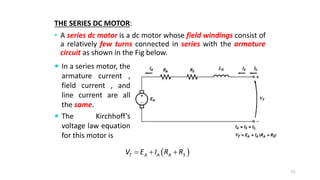 THE SERIES DC MOTOR:
• A series dc motor is a dc motor whose field windings consist of
a relatively few turns connected in series with the armature
circuit as shown in the Fig below.
65
 
T A A A S
V E I R R
  
 In a series motor, the
armature current ,
field current , and
line current are all
the same.
 The Kirchhoff’s
voltage law equation
for this motor is
 