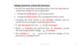 Voltage Control for a Shunt DC Generator:
• As with the separately excited generator, there are two ways to
control the voltage of a shunt generator:
1. Change the shaft speed of the generator.
2. Change the field resistor, thus changing the field current.
• Changing the field resistor is the principal method used to
control terminal voltage in real shunt generators.
• If is decreased, then the increases.
• When increases, the machine’s flux increases, causing
the internal generated voltage to increase.
• The increase in causes the terminal voltage of the
generator to increase as well.
H. A. Suud ECEg4221 Fall 2015 96
m

F
R F T F
I V R
 
F
I 
A
E
A
E
 