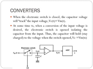 CONVERTERS
 When the electronic switch is closed, the capacitor voltage
will “track” the input voltage,Vc(t)=Vin(t).
 At some time ts, when a conversion of the input voltage is
desired, the electronic switch is opened isolating the
capacitor from the input. Thus, the capacitor will hold (stay
charged) to the voltage when the switch opened,Vc =Vin(ts)
 