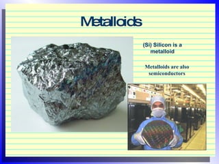 Metalloids (Si) Silicon is a metalloid Metalloids are also semiconductors 