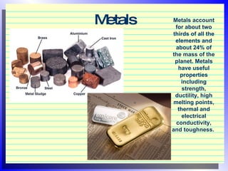Metals Metals account for about two thirds of all the elements and about 24% of the mass of the planet. Metals have useful properties including strength, ductility, high melting points, thermal and electrical conductivity, and toughness.  