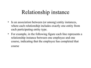 Relationship instance
• Is an association between (or among) entity instances,
where each relationship includes exactly one entity from
each participating entity type.
• For example, in the following figure each line represents a
relationship instance between one employee and one
course, indicating that the employee has completed that
course
 