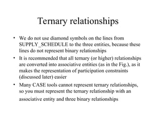 Ternary relationships
• We do not use diamond symbols on the lines from
SUPPLY_SCHEDULE to the three entities, because these
lines do not represent binary relationships
• It is recommended that all ternary (or higher) relationships
are converted into associative entities (as in the Fig.), as it
makes the representation of participation constraints
(discussed later) easier
• Many CASE tools cannot represent ternary relationships,
so you must represent the ternary relationship with an
associative entity and three binary relationships
 