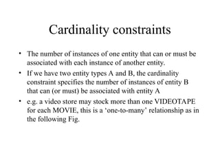Cardinality constraints
• The number of instances of one entity that can or must be
associated with each instance of another entity.
• If we have two entity types A and B, the cardinality
constraint specifies the number of instances of entity B
that can (or must) be associated with entity A
• e.g. a video store may stock more than one VIDEOTAPE
for each MOVIE, this is a ‘one-to-many’ relationship as in
the following Fig.
 