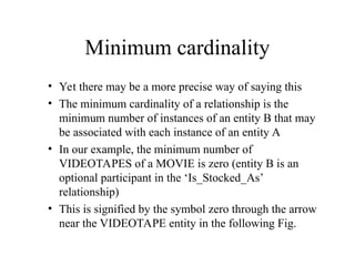 Minimum cardinality
• Yet there may be a more precise way of saying this
• The minimum cardinality of a relationship is the
minimum number of instances of an entity B that may
be associated with each instance of an entity A
• In our example, the minimum number of
VIDEOTAPES of a MOVIE is zero (entity B is an
optional participant in the ‘Is_Stocked_As’
relationship)
• This is signified by the symbol zero through the arrow
near the VIDEOTAPE entity in the following Fig.
 
