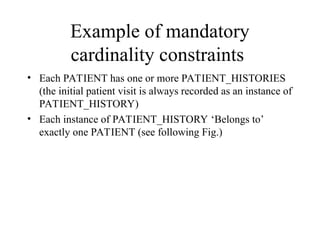 Example of mandatory
cardinality constraints
• Each PATIENT has one or more PATIENT_HISTORIES
(the initial patient visit is always recorded as an instance of
PATIENT_HISTORY)
• Each instance of PATIENT_HISTORY ‘Belongs to’
exactly one PATIENT (see following Fig.)
 