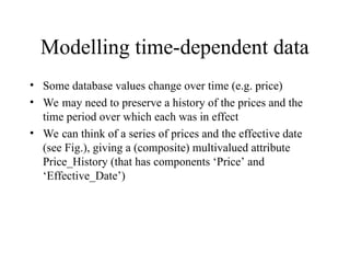 Modelling time-dependent data
• Some database values change over time (e.g. price)
• We may need to preserve a history of the prices and the
time period over which each was in effect
• We can think of a series of prices and the effective date
(see Fig.), giving a (composite) multivalued attribute
Price_History (that has components ‘Price’ and
‘Effective_Date’)
 