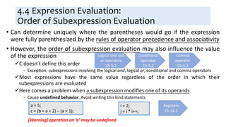4.4 Expression Evaluation:
Order of Subexpression Evaluation
• Can determine uniquely where the parentheses would go if the expression
were fully parenthesized by the rules of operator precedence and associativity
• However, the order of subexpression evaluation may also influence the value
of the expression
C doesn’t define this order
− Exception: subexpressions involving the logical and, logical or, conditional and comma operators
Most expressions have the same value regardless of the order in which their
subexpressions are evaluated
Here comes a problem when a subexpression modifies one of its operands
− Cause undefined behavior: Avoid writing this kind statements
Logical and and
or operators
Ch 5.1
Conditional
operator
Ch 5.2
Comma
operator
Ch 6.3
a = 5;
c = (b = a + 2) – (a = 1);
i = 2;
j = i * i++;
[Warning] operation on ‘a’ may be undefined
Registers
Ch 18.2
 