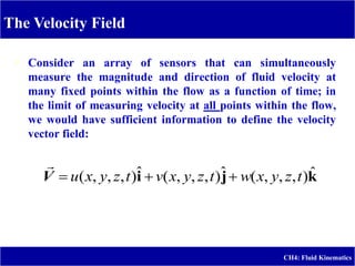The Velocity Field
CH4: Fluid Kinematics
 Consider an array of sensors that can simultaneously
measure the magnitude and direction of fluid velocity at
many fixed points within the flow as a function of time; in
the limit of measuring velocity at all points within the flow,
we would have sufficient information to define the velocity
vector field:
k
j
i ˆ
)
,
,
,
(
ˆ
)
,
,
,
(
ˆ
)
,
,
,
( t
z
y
x
w
t
z
y
x
v
t
z
y
x
u 


V

 