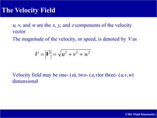 The Velocity Field
CH4: Fluid Kinematics
 u, v, and w are the x, y, and z components of the velocity
vector
 The magnitude of the velocity, or speed, is denoted by V as
 Velocity field may be one- (u), two- (u,v)or three- (u,v,w)
dimensional
2
2
2
w
v
u
V 


 V

 