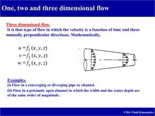 One, two and three dimensional flow
CH4: Fluid Kinematics
Three dimensional flow.
It is that type of flow in which the velocity is a function of time and three
mutually perpendicular directions. Mathematically,
Examples.
(i) Flow in a converging or diverging pipe or channel.
(ii) Flow in a prismatic open channel in which the width and the water depth are
of the same order of magnitude.
 