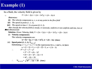 Example (1)
CH4: Fluid Kinematics
In a fluid, the velocity field is given by
 