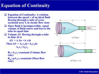 Equation of Continuity
CH4: Fluid Kinematics
 Equation of Continuity: A relation
between the speed v of an ideal fluid
flowing through a tube of cross
sectional area A in steady flow state
 Since fluid is incompressible, equal
volume of fluid enters and leaves the
tube in equal time
 Volume V flowing through a tube
in time t is
V = A x =A vt
Then V = A1v1t =A2v2t
 A1v1=A2v2
 RV=A1v1=constant (Volume flow
rate)
 Rm=A1v1=constant (Mass flow
rate)
 