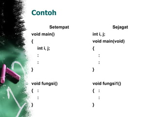 Contoh Setempat void main() { int i, j; : : } void fungsi() { : : } Sejagat int i, j; void main(void) { : : } void fungsi1() { : : } 