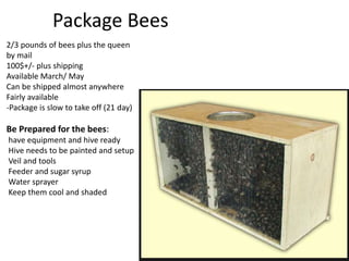 Package Bees
2/3 pounds of bees plus the queen
by mail
100$+/- plus shipping
Available March/ May
Can be shipped almost anywhere
Fairly available
-Package is slow to take off (21 day)
Be Prepared for the bees:
have equipment and hive ready
Hive needs to be painted and setup
Veil and tools
Feeder and sugar syrup
Water sprayer
Keep them cool and shaded
 
