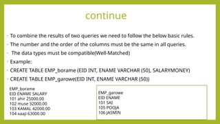 continue
• To combine the results of two queries we need to follow the below basic rules.
• The number and the order of the columns must be the same in all queries.
• The data types must be compatible(Well-Matched)
• Example:
• CREATE TABLE EMP_borame (EID INT, ENAME VARCHAR (50), SALARYMONEY)
• CREATE TABLE EMP_garowe(EID INT, ENAME VARCHAR (50))
EMP_garowe
EID ENAME
101 SAI
105 POOJA
106 JASMIN
EMP_borame
EID ENAME SALARY
101 ahir 25000.00
102 muse 32000.00
103 KAMAL 42000.00
104 xaaji 63000.00
 