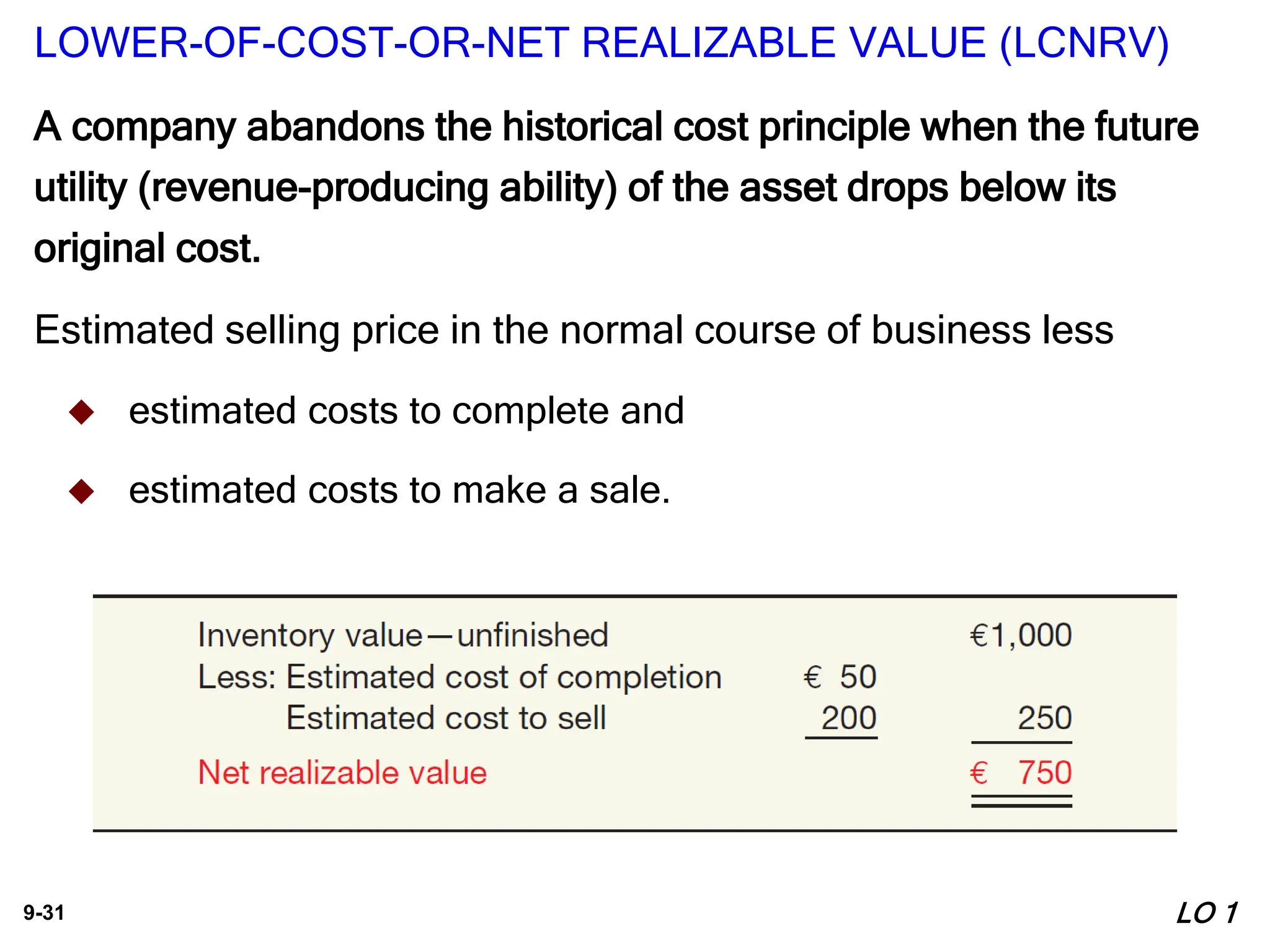 9-31
LOWER-OF-COST-OR-NET REALIZABLE VALUE (LCNRV)
A company abandons the historical cost principle when the future
utility (revenue-producing ability) of the asset drops below its
original cost.
Estimated selling price in the normal course of business less
 estimated costs to complete and
 estimated costs to make a sale.
LO 1
 
