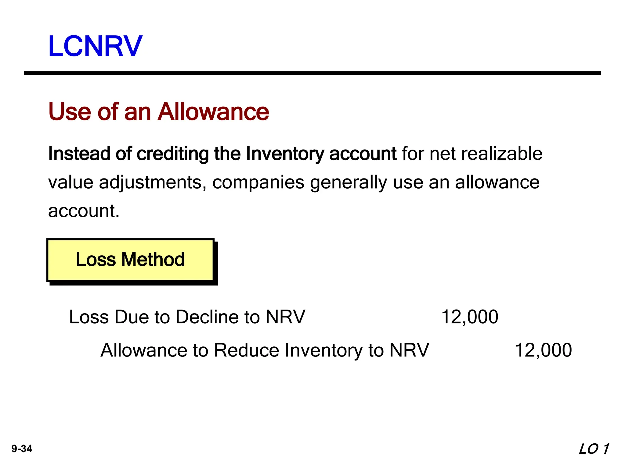 9-34
Use of an Allowance
Instead of crediting the Inventory account for net realizable
value adjustments, companies generally use an allowance
account.
Loss Due to Decline to NRV 12,000
Allowance to Reduce Inventory to NRV 12,000
Loss Method
LCNRV
LO 1
 