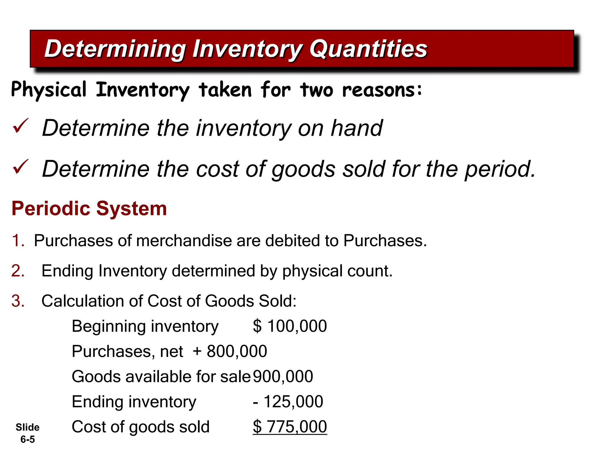 Slide
6-5
Physical Inventory taken for two reasons:
 Determine the inventory on hand
 Determine the cost of goods sold for the period.
Periodic System
1. Purchases of merchandise are debited to Purchases.
2. Ending Inventory determined by physical count.
3. Calculation of Cost of Goods Sold:
Beginning inventory $ 100,000
Purchases, net + 800,000
Goods available for sale900,000
Ending inventory - 125,000
Cost of goods sold $ 775,000
Determining Inventory Quantities
 