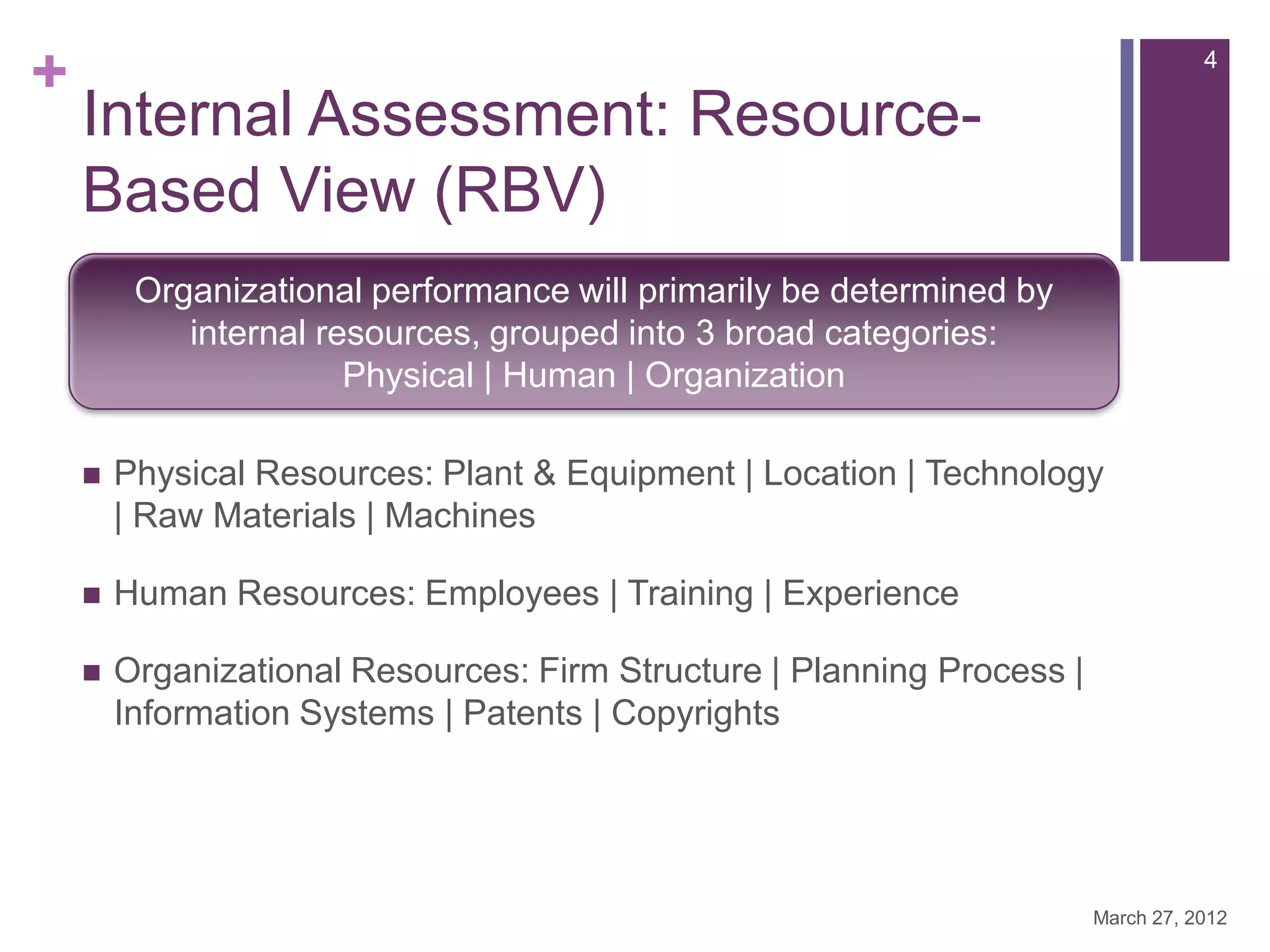 +                                                                                  4

    Internal Assessment: Resource-
    Based View (RBV)
         Organizational performance will primarily be determined by
            internal resources, grouped into 3 broad categories:
                       Physical | Human | Organization

       Physical Resources: Plant & Equipment | Location | Technology
        | Raw Materials | Machines

       Human Resources: Employees | Training | Experience

       Organizational Resources: Firm Structure | Planning Process |
        Information Systems | Patents | Copyrights




                                                                        March 27, 2012
 