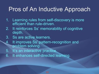 Pros of An Inductive Approach Learning rules from self-discovery is more efficient than rule-driven. It reinforces Ss’ memorability of cognitive depth. Ss are active learners. It improves Ss’ pattern-recognition and problem solving. It’s an interactive practice. It enhances self-directed learning. 11 