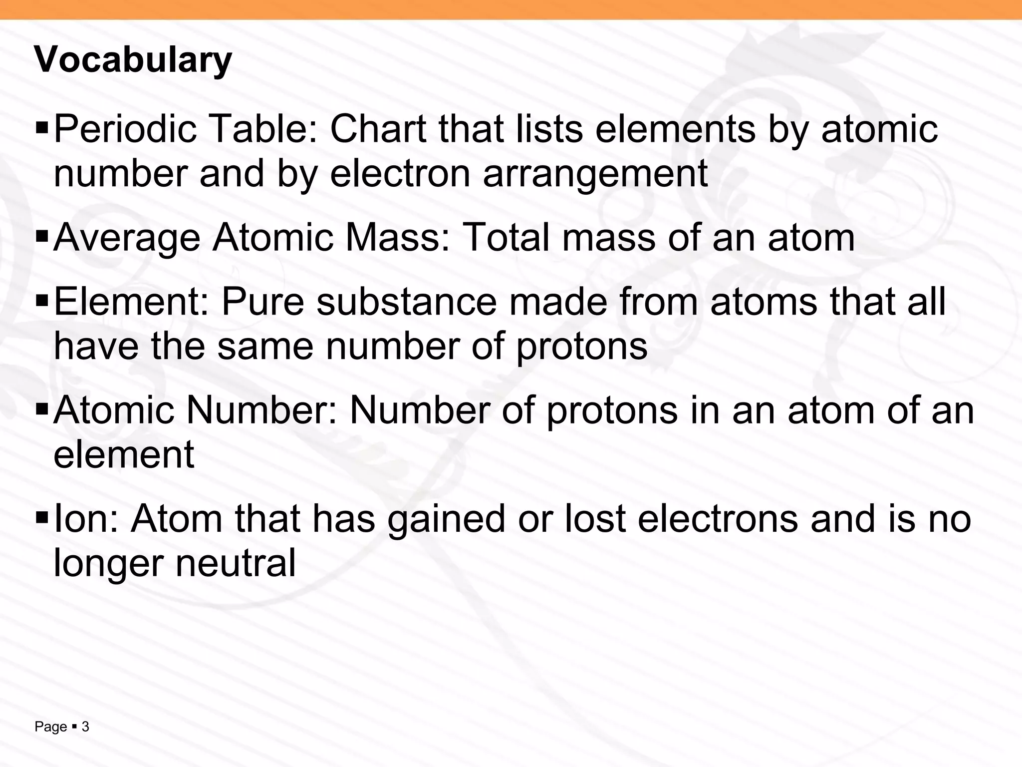 Vocabulary Periodic Table: Chart that lists elements by atomic number and by electron arrangement Average Atomic Mass: Total mass of an atom Element: Pure substance made from atoms that all have the same number of protons Atomic Number: Number of protons in an atom of an element Ion: Atom that has gained or lost electrons and is no longer neutral 
