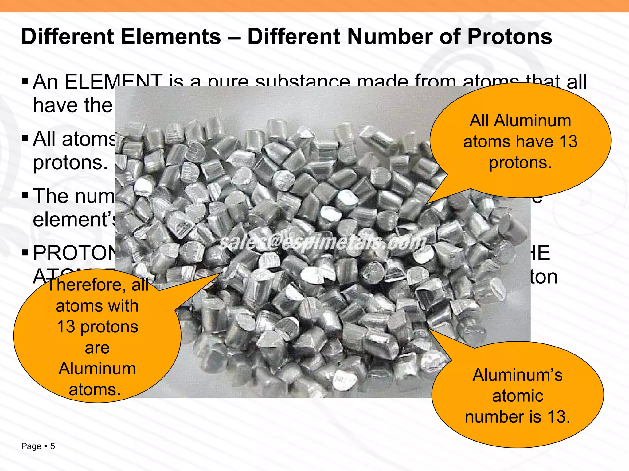 Different Elements – Different Number of Protons An ELEMENT is a pure substance made from atoms that all have the same number of protons. All atoms of the same element have the same number of protons. The number of protons in the atom of an element is the element’s ATOMIC NUMBER. PROTONS ARE THE ONE CONSTANT THING IN THE ATOM. This is why we organize elements by their proton number. All Aluminum atoms have 13 protons. Therefore, all atoms with 13 protons are Aluminum atoms.  Aluminum’s atomic number is 13. 