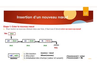 Insertion d’un nouveau nœud
Etape 1: Créer le nouveau nœud
▶ Pour insérer un nouveau élément dans une liste, il faut tout d’abord créer un nouveau nœud
ASD II
12
suiv
val
nouveau
1. Déc lara tion
2. Allocation
3. Initialisation des champs (valeur et suivant)
nouveau: ↑ nœud
Allouer(nouveau) (*nouveau).val valeur
(*nouveau).suiv  NIL
 