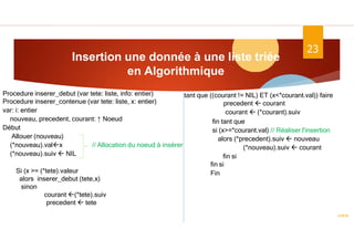 Insertion une donnée à une liste triée
en Algorithmique
ASD II
23
Procedure inserer_debut (var tete: liste, info: entier)
Procedure inserer_contenue (var tete: liste, x: entier)
var: i: entier
nouveau, precedent, courant: ↑ Noeud
Début
Allouer (nouveau)
(*nouveau).valx // Allocation du noeud à insérer
(*nouveau).suiv  NIL
Si (x >= (*tete).valeur
alors inserer_debut (tete,x)
sinon
courant (*tete).suiv
precedent  tete
tant que ((courant != NIL) ET (x<*courant.val)) faire
precedent  courant
courant  (*courant).suiv
fin tant que
si (x>=*courant.val) // Réaliser l'insertion
alors (*precedent).suiv  nouveau
(*nouveau).suiv  courant
fin si
fin si
Fin
 