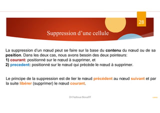 Suppression d’une cellule
ASD II
28
La suppression d’un nœud peut se faire sur la base du contenu du nœud ou de sa
position. Dans les deux cas, nous avons besoin des deux pointeurs:
1) courant: positionné sur le nœud à supprimer, et
2) precedent: positionné sur le nœud qui précède le nœud à supprimer.
Le principe de la suppression est de lier le nœud précédent au nœud suivant et par
la suite libérer (supprimer) le nœud courant.
Dr.Fadoua Bouafif
 