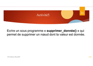 Activité5
ASD II
31
Ecrire un sous programme « supprimer_donnée() » qui
permet de supprimer un nœud dont la valeur est donnée.
Dr.Fadoua Bouafif
 