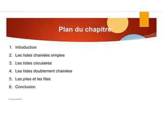 Plan du chapitre
1. Introduction
2. Les listes chainées simples
3. Les listes circulaires
4. Les listes doublement chainées
5. Les piles et les files
6. Conclusion
Dr.Fadoua Bouafif
 