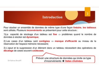 Introduction
3
Pour stocker un ensemble de données de même type d’une façon linéaire, les tableaux
sont utilisés. Plusieurs inconvénients se présentent pour cette structure :
1)La capacité de stockage d’un tableau est fixe  problèmes quand le nombre de
données à stocker est dynamique;
2) Les cases d’un tableau sont contigües  manque d’efficacité au niveau de la
réservation de l’espace mémoire nécessaire;
3) L’ajout et la suppression d’un élément dans un tableau nécessitent des opérations de
décalage de cases souvent coûteuses.
Prévoir une structure de données qui évite ce type
d’inconvénients  listes chaînées
Dr.Fadoua Bouafif
 