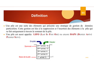 Définition
44
▶ Une pile est une suite des éléments qui présente une stratégie de gestion de données
particulière. Cette gestion est liée à la suppression et l’insertion des éléments à la pile qui
se fait uniquement à travers le sommet de la pile.
▶ Une pile est aussi appelée LIFO (Last In First Out) ou encore DAPS (Dernier Arrivé
Premier Servi).
ASD II
Empiler
Sommet 5ème arrivé: 15
4ème arrivé: 17
3ème arrivé: 4
2ème arrivé: 8
1er
arrivé: 5
Dépiler
Base de la pile Dr.Fadoua Bouafif
 