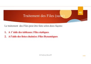 Traitement des Files (suite)
46
ASD II
Le traitement des Files peut être faite selon deux façons:
1. A l ’aide des tableaux: Files statiques
2. A l’aide des listes chainées: Files Dynamiques
En algorithme En C
Dr.Fadoua Bouafif
 