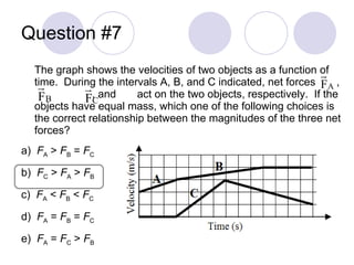 Question #7 The graph shows the velocities of two objects as a function of time.  During the intervals A, B, and C indicated, net forces  ,  , and  act on the two objects, respectively.  If the objects have equal mass, which one of the following choices is the correct relationship between the magnitudes of the three net forces? a)  F A  >  F B  =  F C b)  F C  >  F A  >  F B c)  F A  <  F B  <  F C d)  F A  =  F B  =  F C e)  F A  =  F C  >  F B 