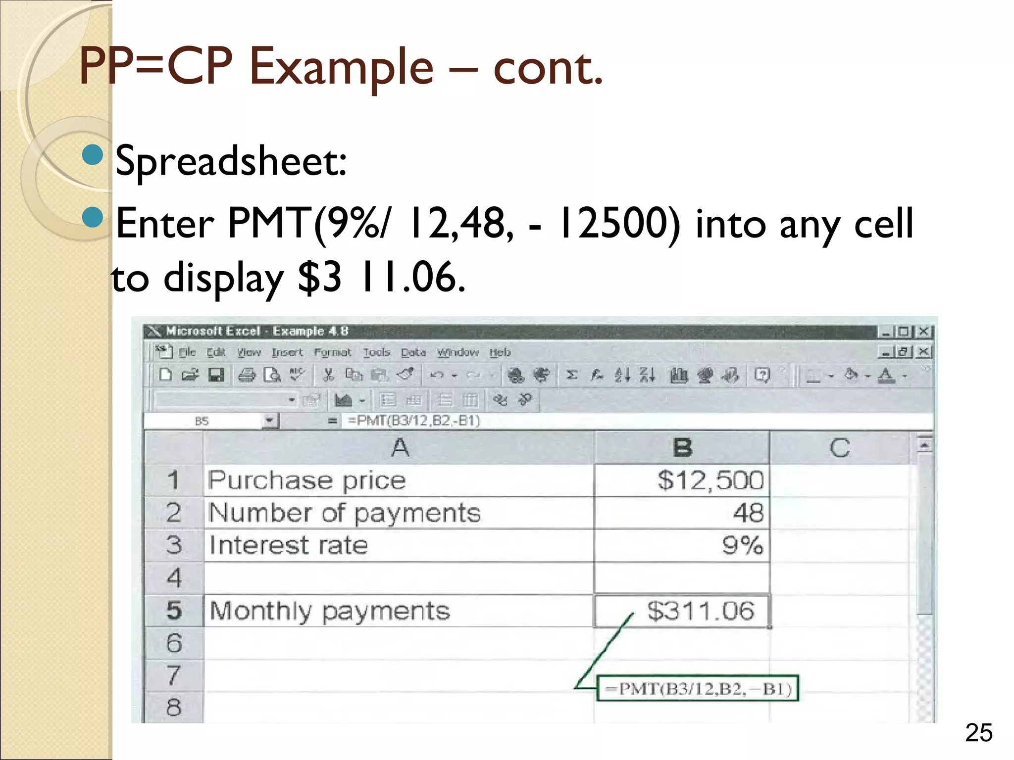 25
PP=CP Example – cont.
Spreadsheet:
Enter PMT(9%/ 12,48, - 12500) into any cell
to display $3 11.06.
 
