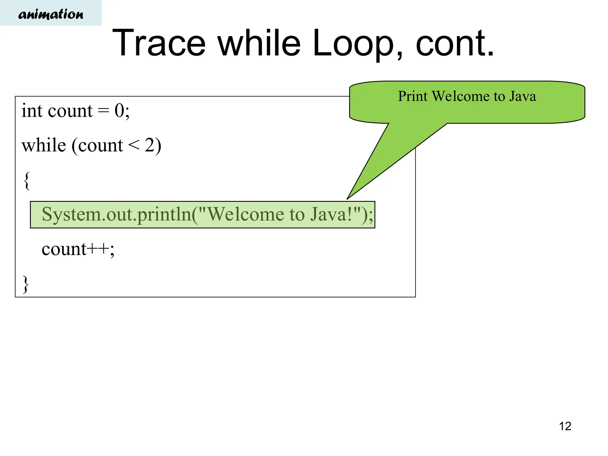 Trace while Loop, cont.
int count = 0;
while (count < 2)
{
System.out.println("Welcome to Java!");
count++;
}
Print Welcome to Java
animation
12
 