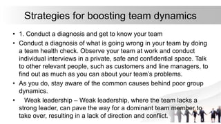 Strategies for boosting team dynamics
• 1. Conduct a diagnosis and get to know your team
• Conduct a diagnosis of what is going wrong in your team by doing
a team health check. Observe your team at work and conduct
individual interviews in a private, safe and confidential space. Talk
to other relevant people, such as customers and line managers, to
find out as much as you can about your team’s problems.
• As you do, stay aware of the common causes behind poor group
dynamics.
• Weak leadership – Weak leadership, where the team lacks a
strong leader, can pave the way for a dominant team member to
take over, resulting in a lack of direction and conflict.
 