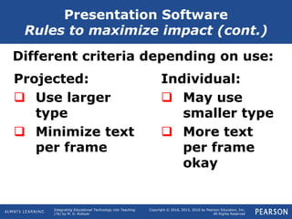 Integrating Educational Technology into Teaching
(7e) by M. D. Roblyer
Copyright © 2016, 2013, 2010 by Pearson Education, Inc.
All Rights Reserved
Different criteria depending on use:
Presentation Software
Rules to maximize impact (cont.)
Individual:
 May use
smaller type
 More text
per frame
okay
Projected:
 Use larger
type
 Minimize text
per frame
 