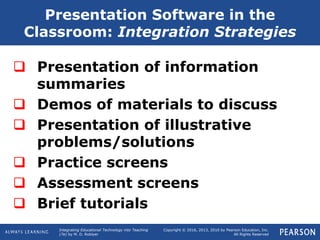 Integrating Educational Technology into Teaching
(7e) by M. D. Roblyer
Copyright © 2016, 2013, 2010 by Pearson Education, Inc.
All Rights Reserved
 Presentation of information
summaries
 Demos of materials to discuss
 Presentation of illustrative
problems/solutions
 Practice screens
 Assessment screens
 Brief tutorials
Presentation Software in the
Classroom: Integration Strategies
 