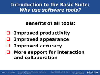 Integrating Educational Technology into Teaching
(7e) by M. D. Roblyer
Copyright © 2016, 2013, 2010 by Pearson Education, Inc.
All Rights Reserved
Benefits of all tools:
 Improved productivity
 Improved appearance
 Improved accuracy
 More support for interaction
and collaboration
Introduction to the Basic Suite:
Why use software tools?
 